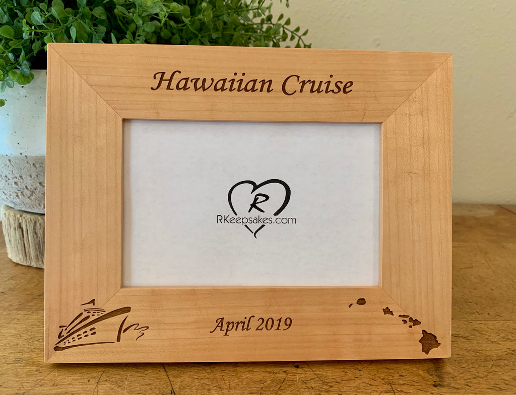 Hawaii Cruise picture frame with custom text, cruise ship and Hawaiian islands images engraved