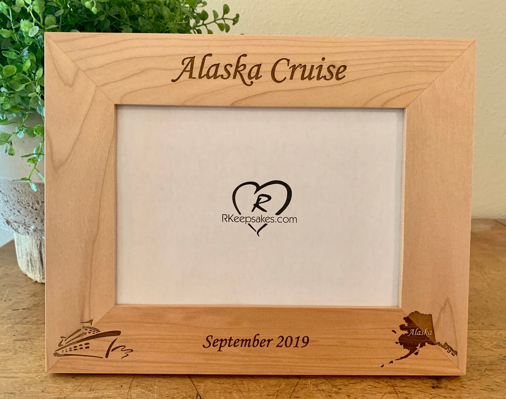 Alaska Cruise personalized picture frame with custom text, cruise ship and Alaska engraved in lower corners