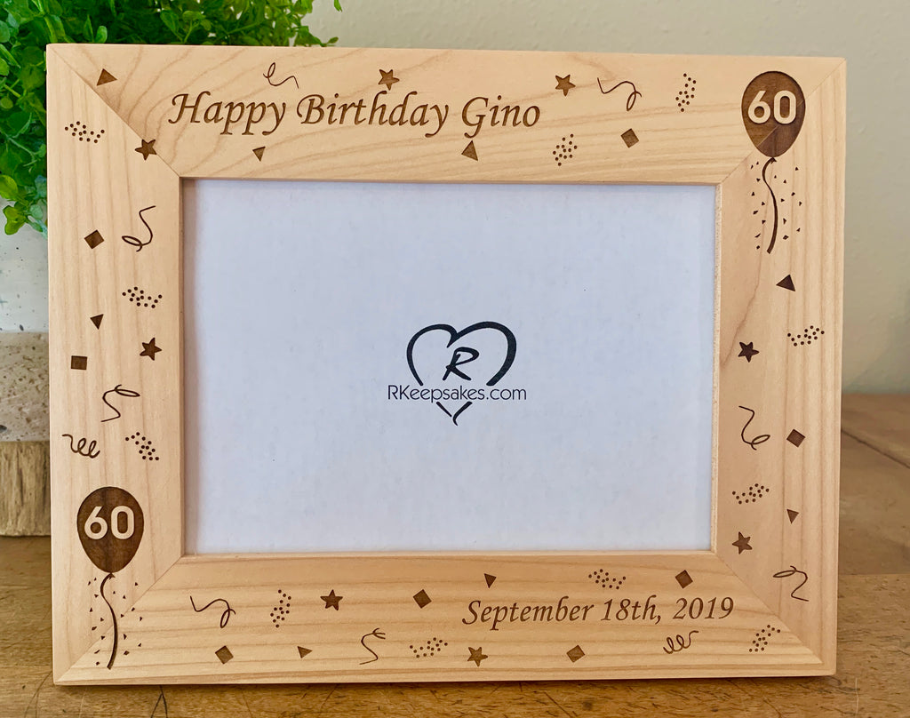 Birthday Picture frame with custom text, engraved balloons and confetti