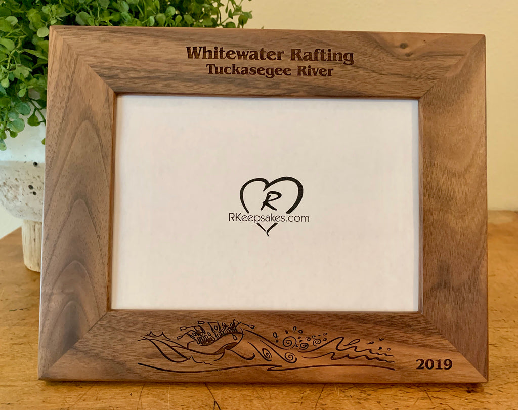 Personalized White Water Rafting Picture Frame with custom text and whitewater scene engraved in walnut wood