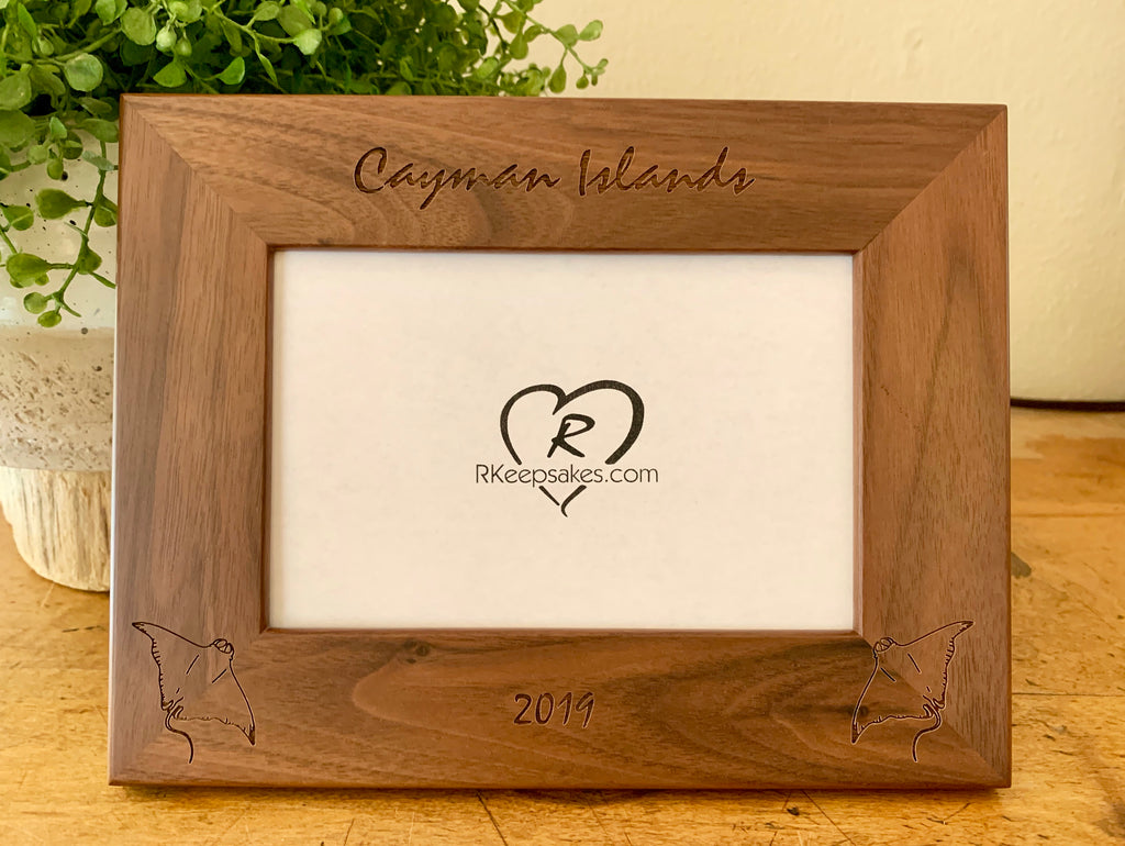 Personalized Manta Ray Picture Frame with custom text and manta ray images engraved in walnut