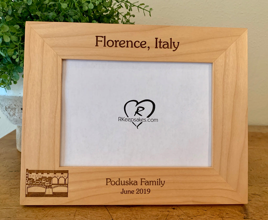 Personalized Florence Italy Picture Frame with custom text, in alder