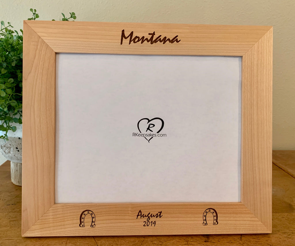 Horseshoe picture frame with custom text and horseshoe images engraved