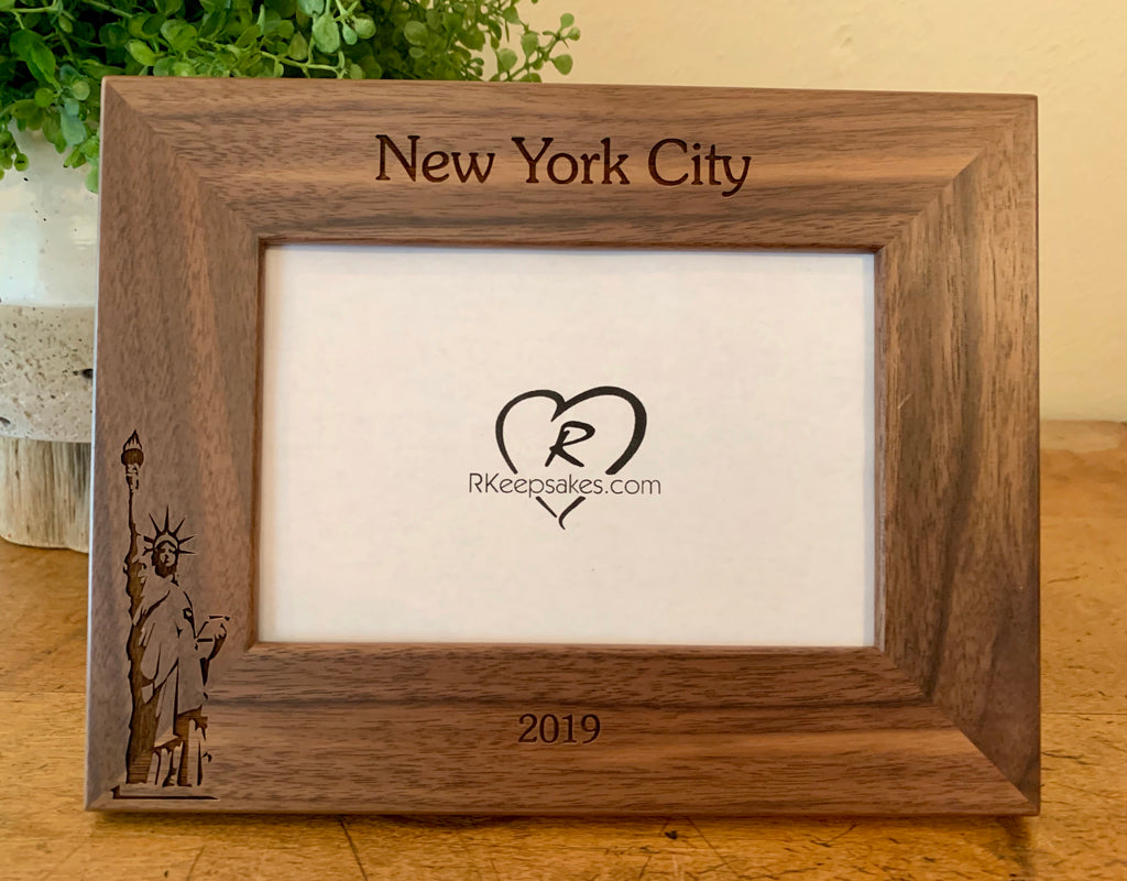 Personalized New York City Statue of Liberty Picture Frame with Custom Text and Statue of Liberty image engraved, in walnut