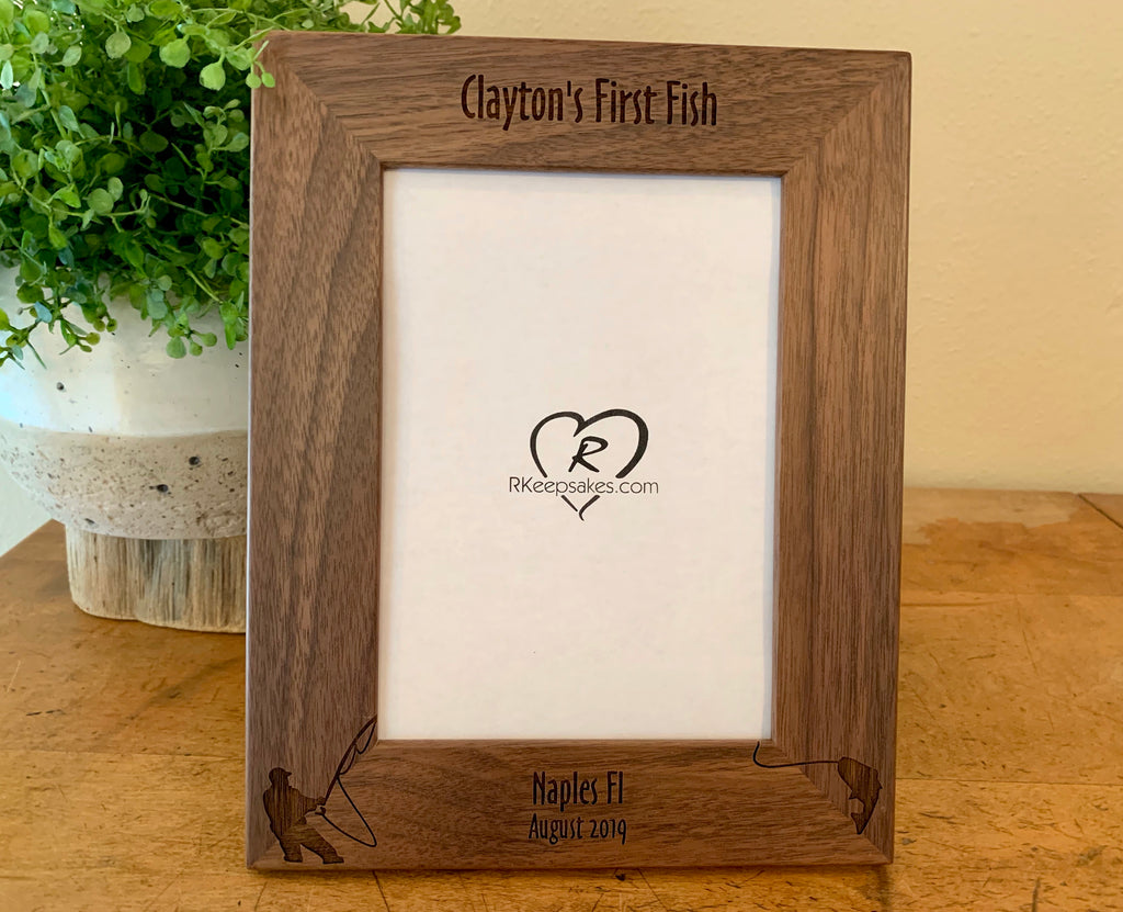 Fishing Picture frame with custom text and fisherman image engraved, in walnut wood