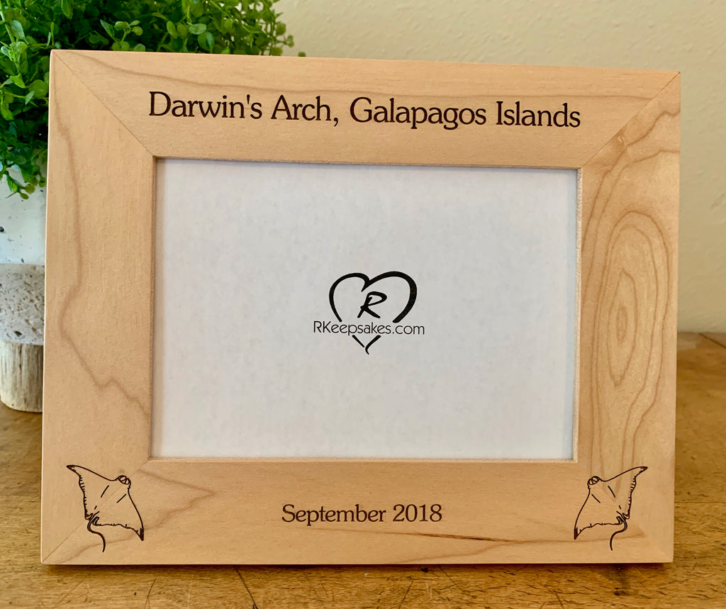 Personalized Manta Ray Picture Frame with custom text and manta ray images engraved in alder