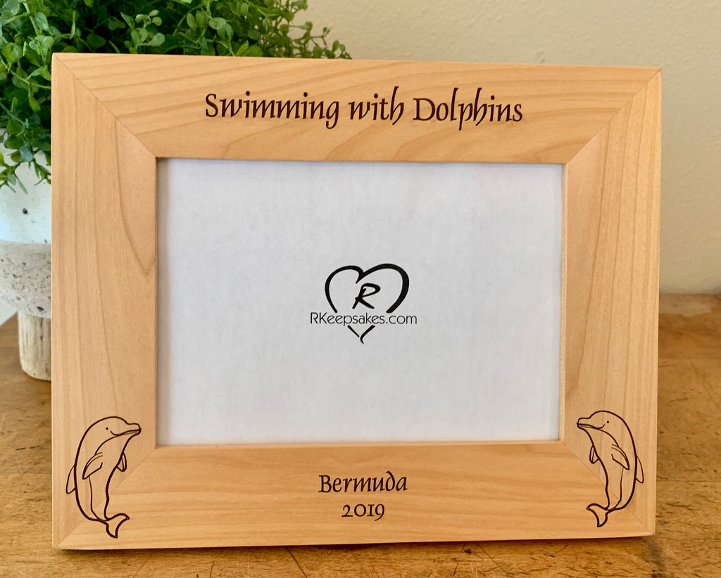 Dolphin picture frame with custom text and dolphin images engraved