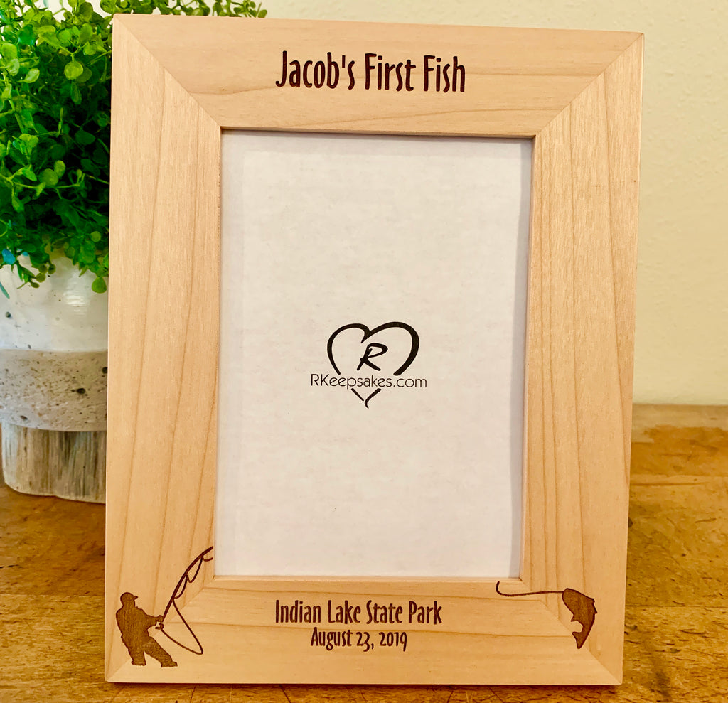 Fishing Picture frame with custom text and fisherman image engraved, in alder wood