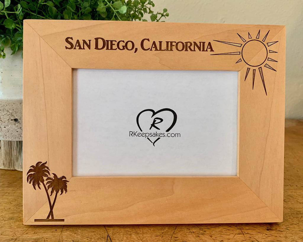 Palm Trees Picture Frame with Custom Text, Palm Trees, and sunshine images engraved