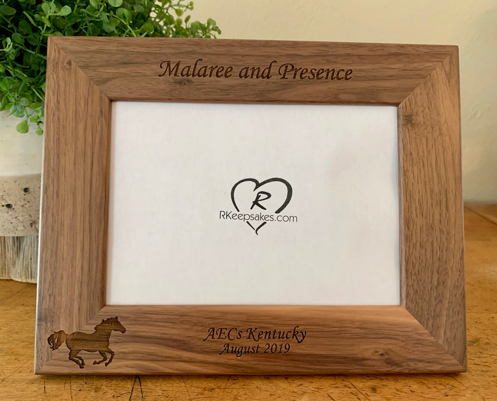 Personalized Horse picture frame with custom text and horse silhouette engraved, walnut frame