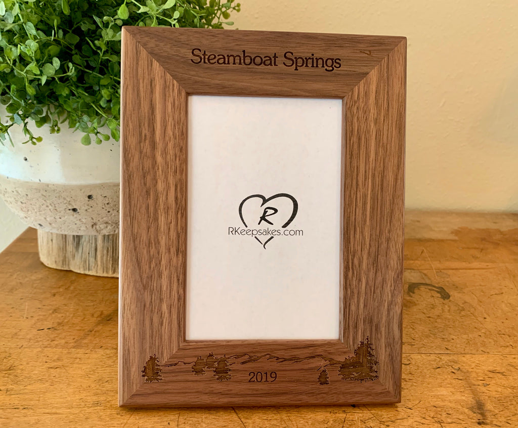 Mountain and Trees Picture frame with custom text and mountain scene engraved, in walnut