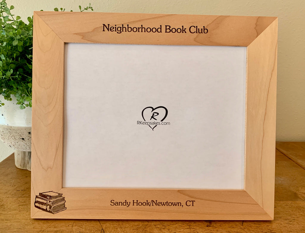 Book picture frame with custom text and image of stacked books engraved