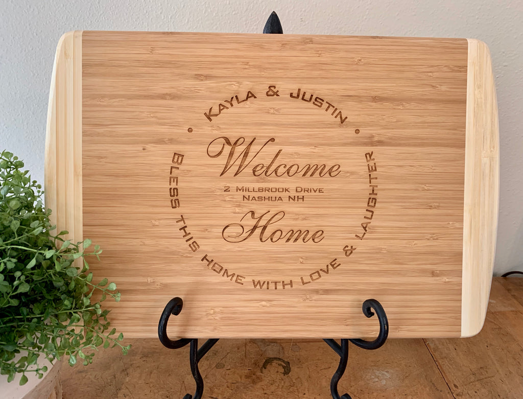 Welcome Home Cutting Board, Realtor Gift, displayed