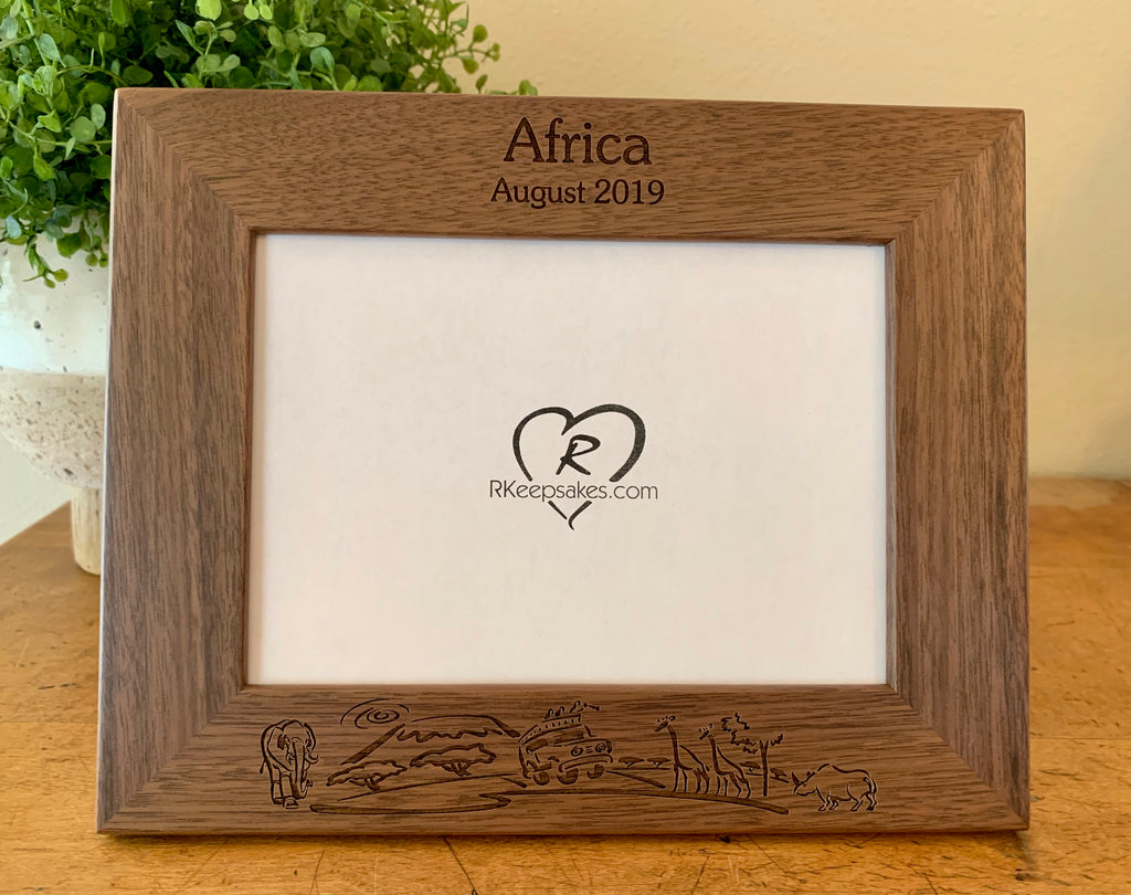 Africa picture with personalized text at the top and safari scene engraved at the bottom