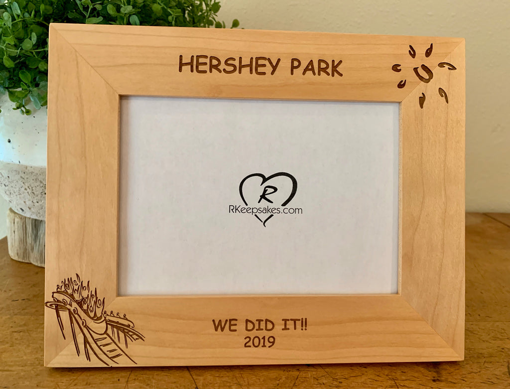 Personalized Rollercoaster Picture Frame with custom text and rollercoaster image engraved, in alder
