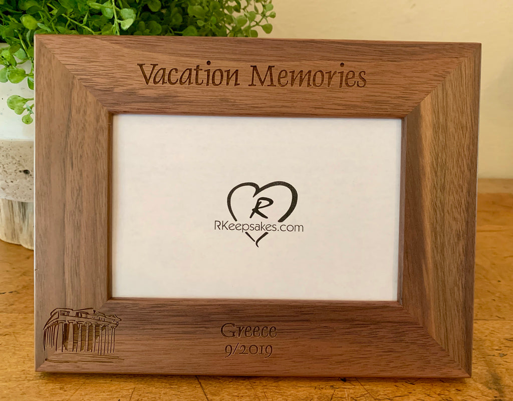 Greece picture frame with custom text and engrave Parthenon image engraved, in walnut