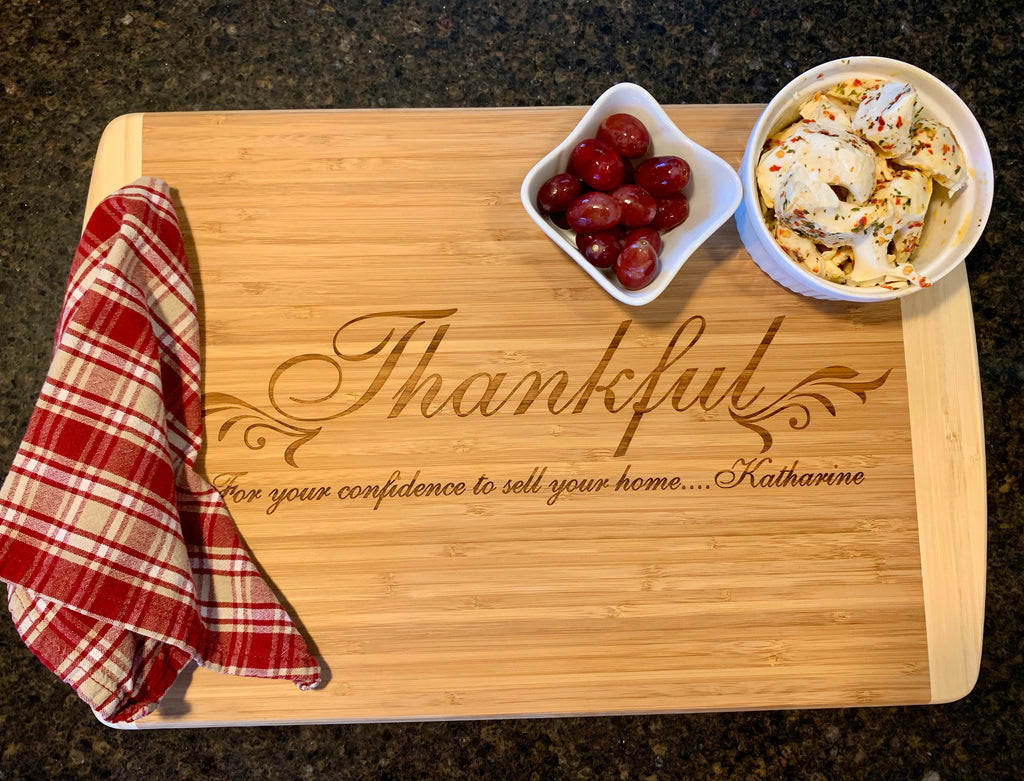 Personalized Realtor Gift Cutting Board with "Thankful" engraved