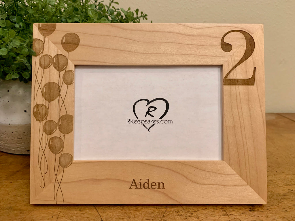 Personalized 2nd birthday picture frame, with engraved birthday balloons