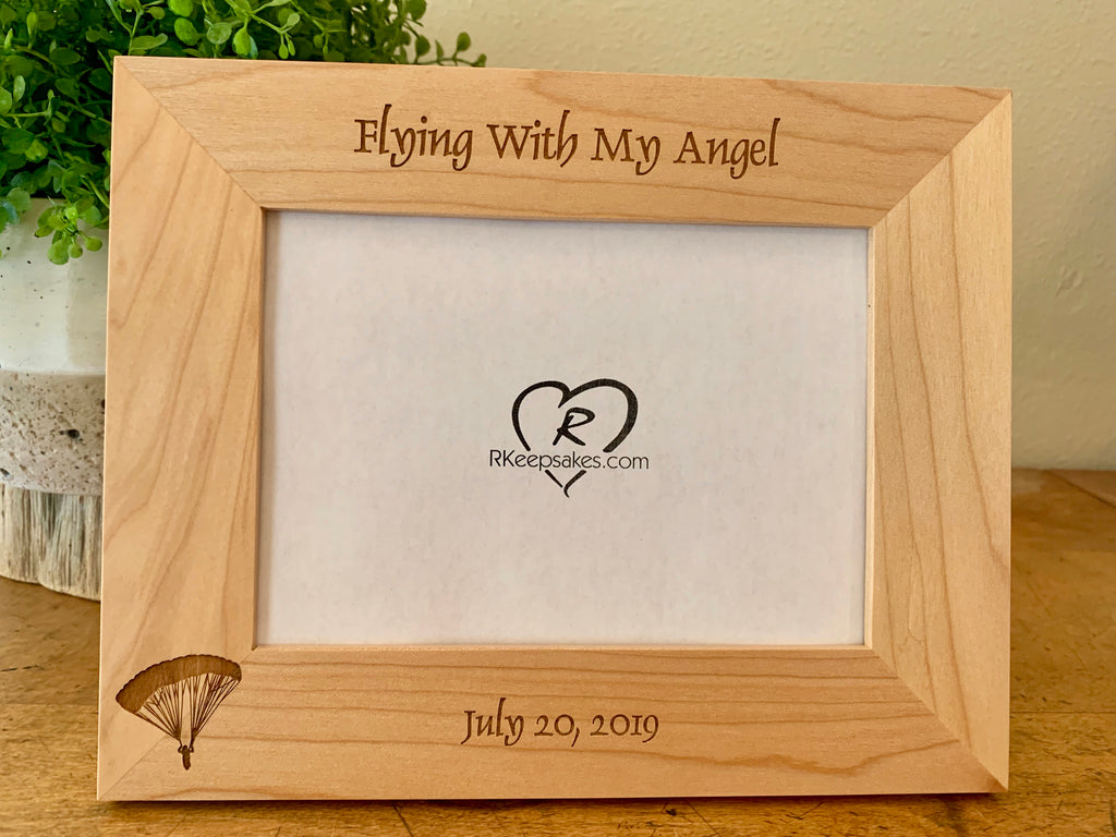 Personalized Skydiver Parachute Picture Frame with custom text and skydiver parachute image engraved, horizontal