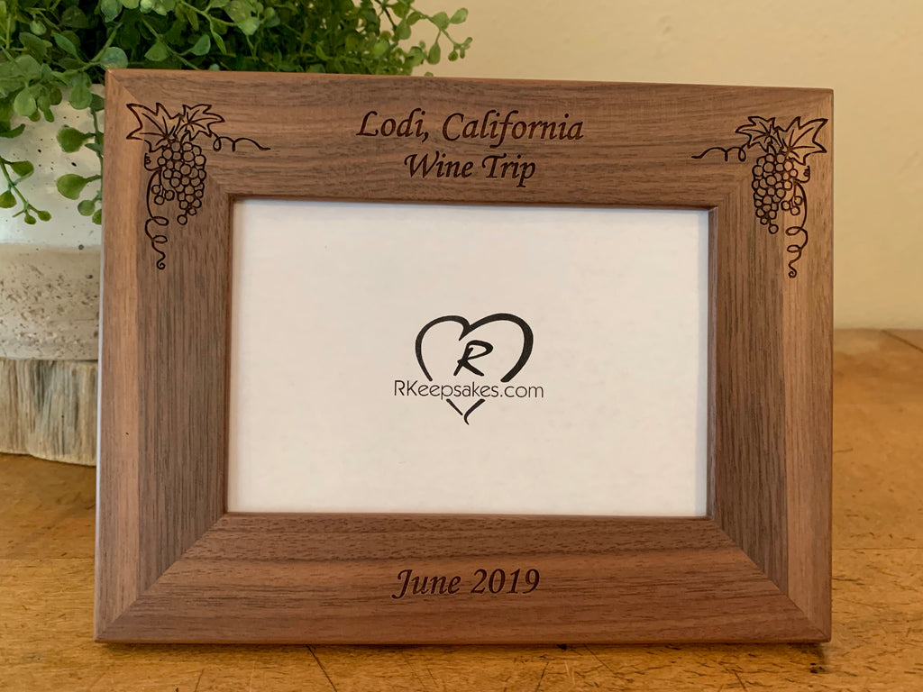 Personalized Winery Picture Frame with Grapes, custom text and images of grapes engraved in walnut