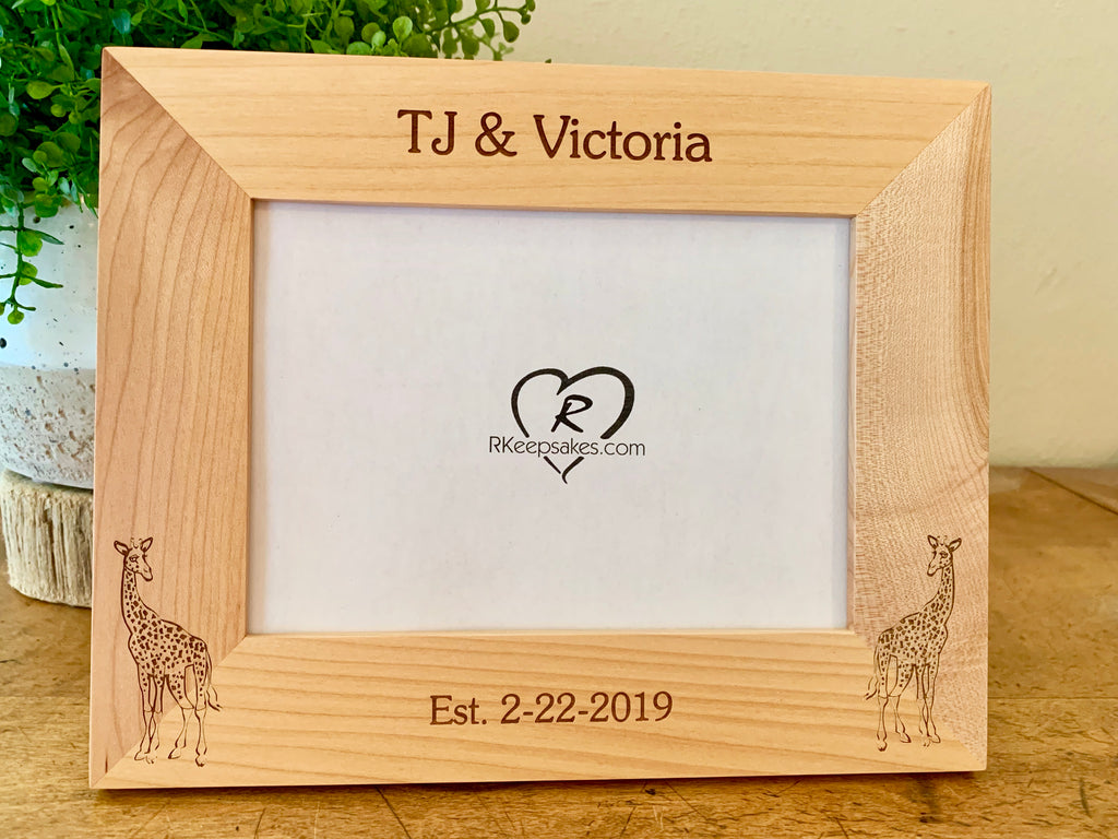 Giraffe Picture frame with custom text and giraffe images engraved