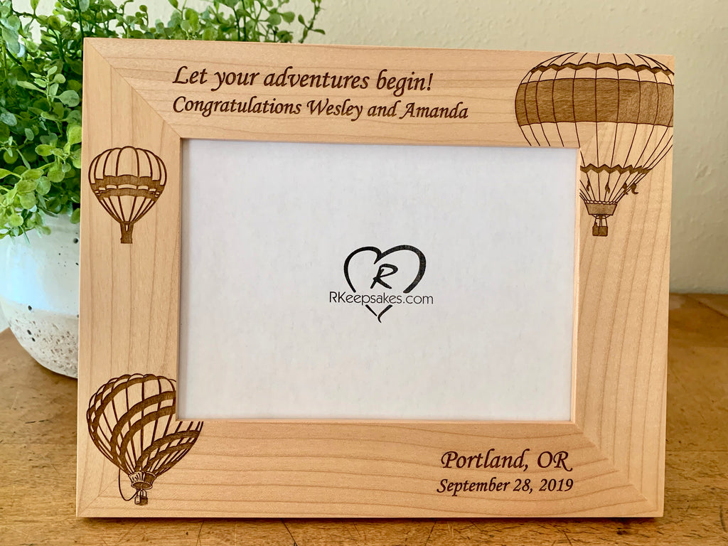 Personalized Hot Air Balloon picture frame with custom text engraved and hot air balloon images