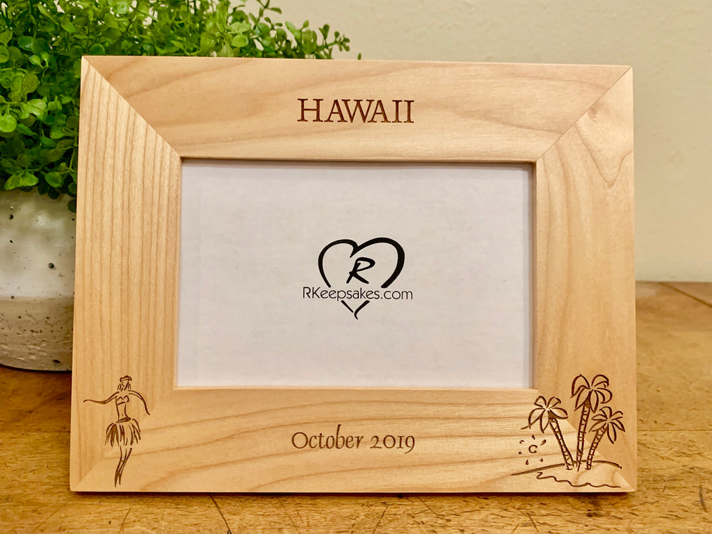 Hawaii Picture frame with custom text and hula dance and island image engraved