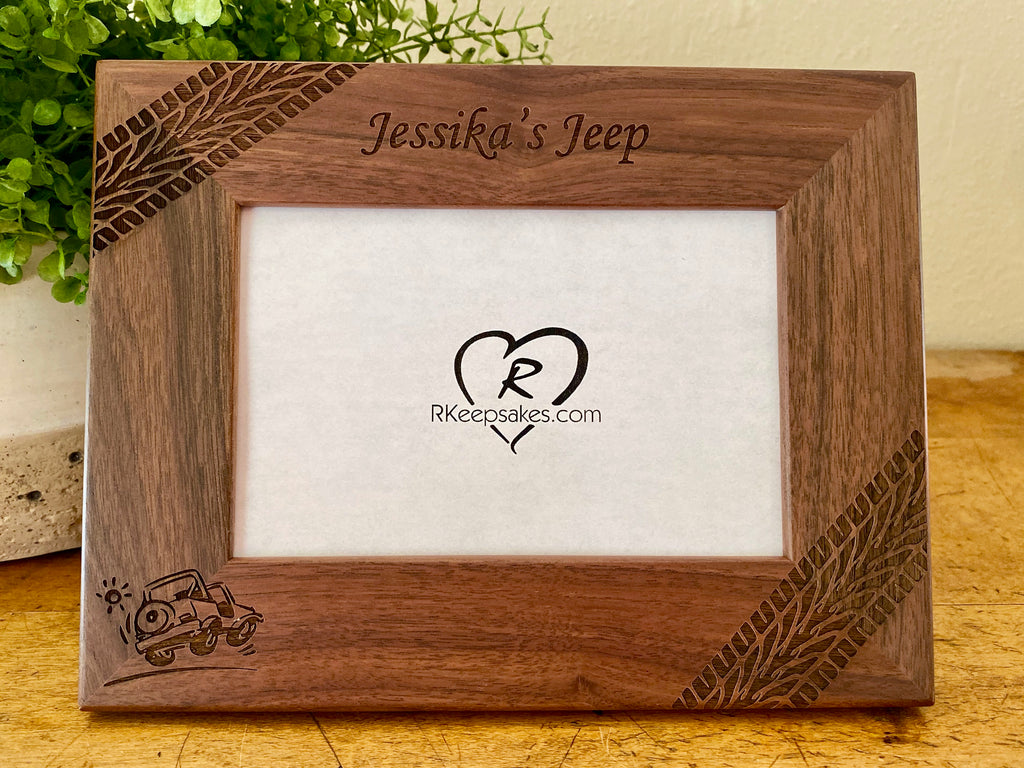 Personalized Jeep Picture frame with custom text, tire tracks and jeep image engraved, in walnut