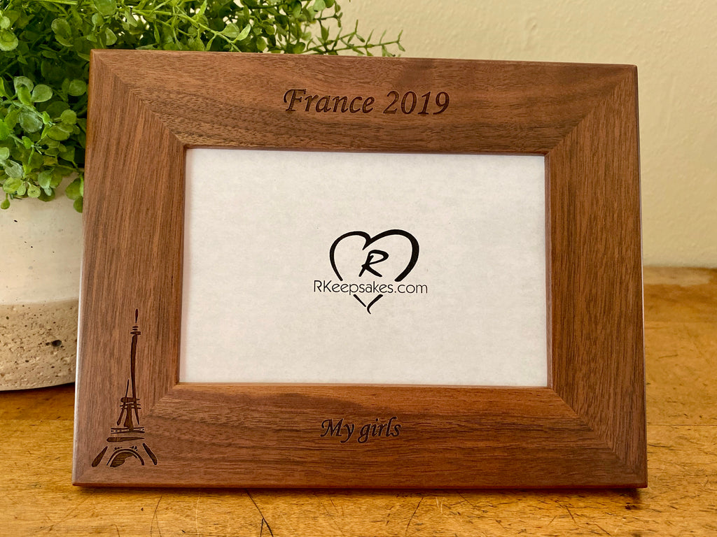 Personalized Paris Picture Frame with custom text and Eiffel Tower image engraved, in walnut