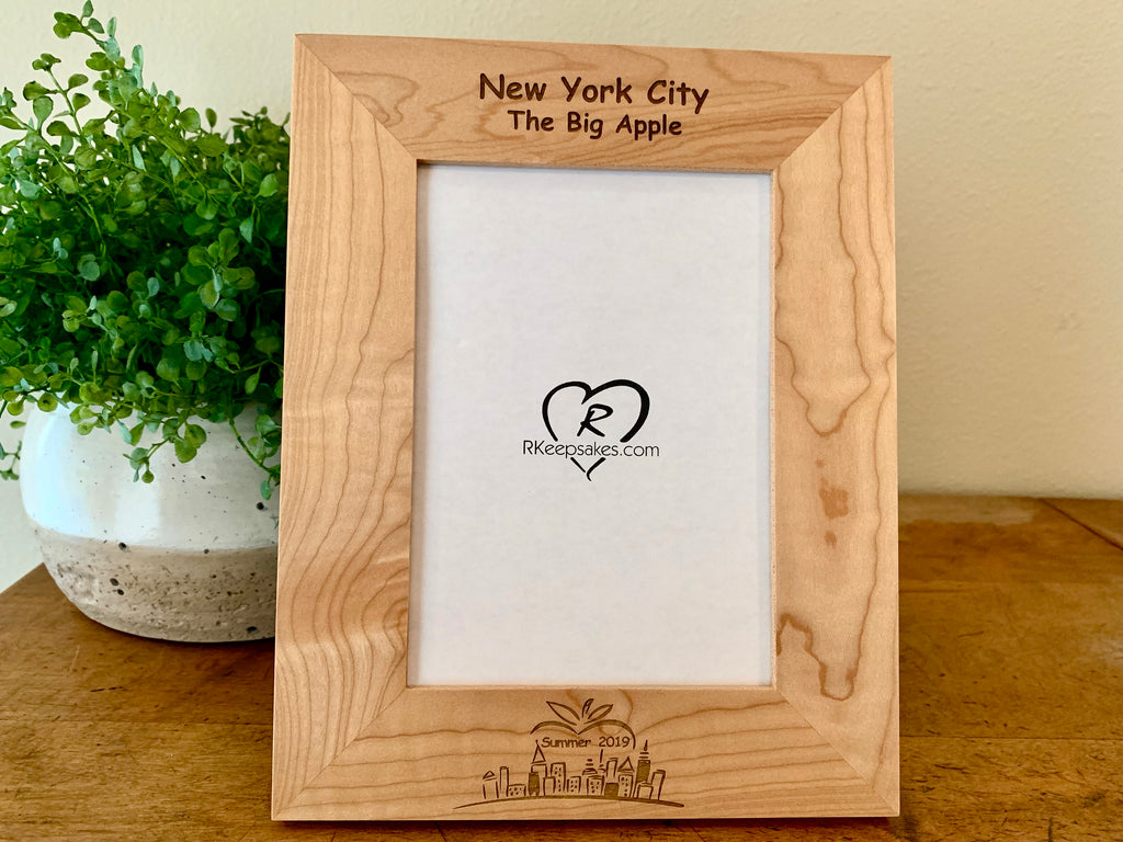 New York City Big Apple Picture Frame with Custom Text and New York scene engraved
