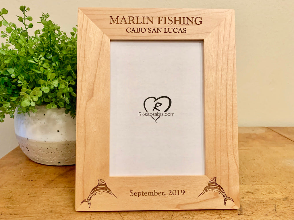 Marlin Fishing Picture Frame with Custom Text and marlin images engraved, in alder