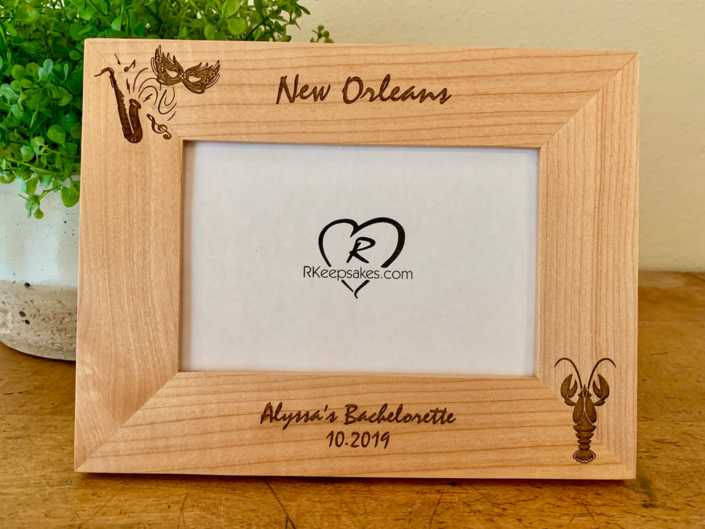 Personalized New Orleans Picture Frame with custom text, lobster image and saxophone, music and Mardi Gras mask images engraved