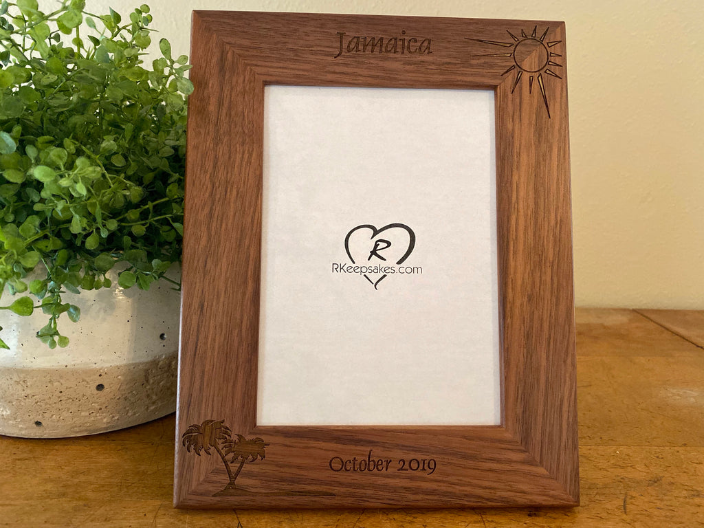 Personalized Island Vacation Picture Frame with custom text and palm tree images engraved, in walnut