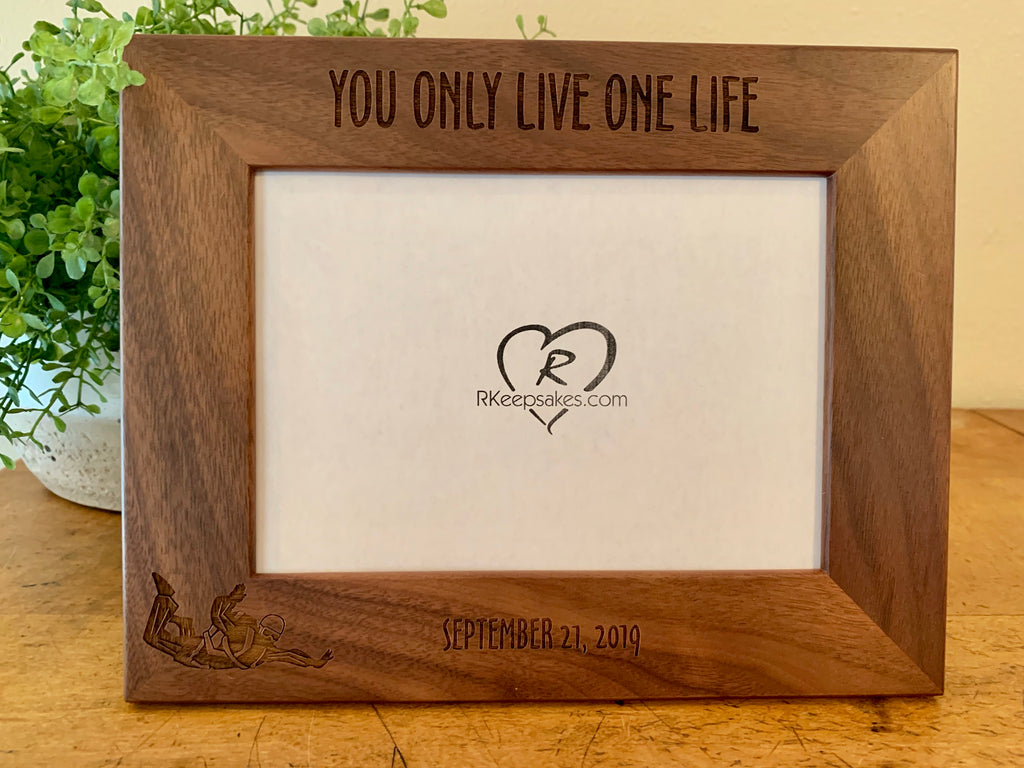 Personalized Skydiving Picture Frame with custom text and skydiver image engraved, in walnut, 2