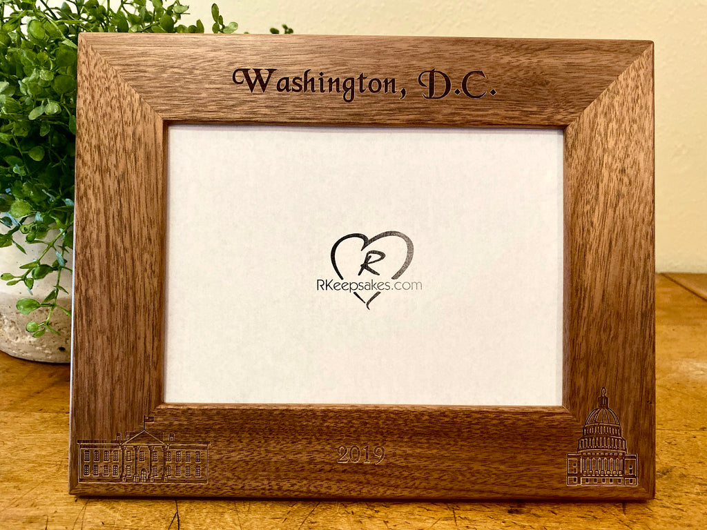 Personalized Washington DC Picture Frame with custom text and images of the White House and Capital Buildings engraved in walnut