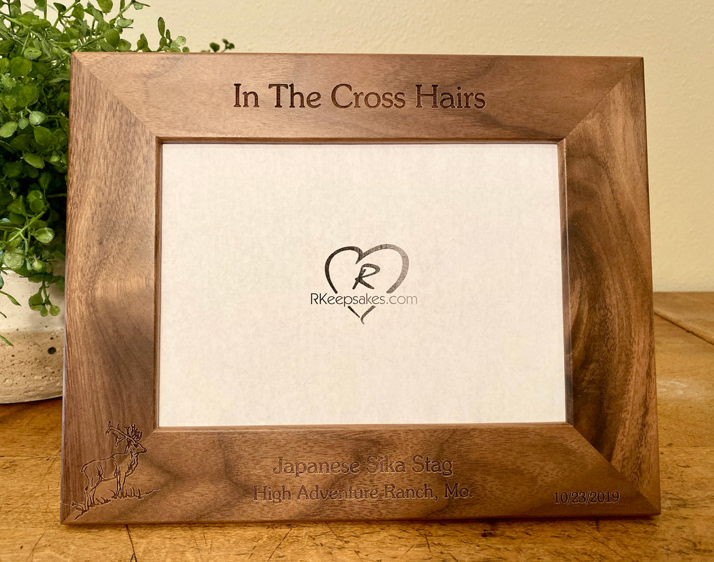 Personalized buck hunting picture frame with custom text and buck on a hill image engraved