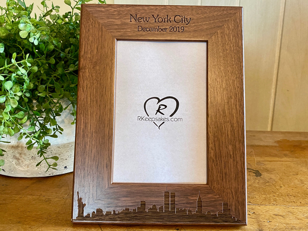 New York City Picture Frame with Custom Text and Skyline engraved in walnut