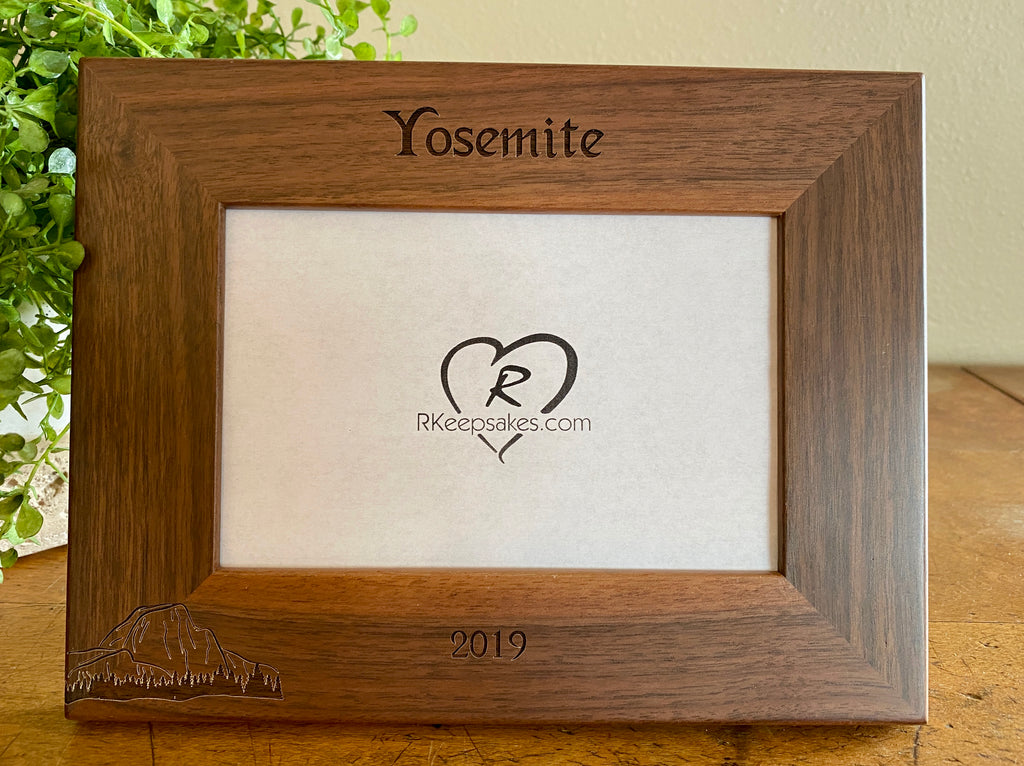 Personalized Yosemite Half Dome Picture Frame with custom text and Half Dome image engraved in walnut