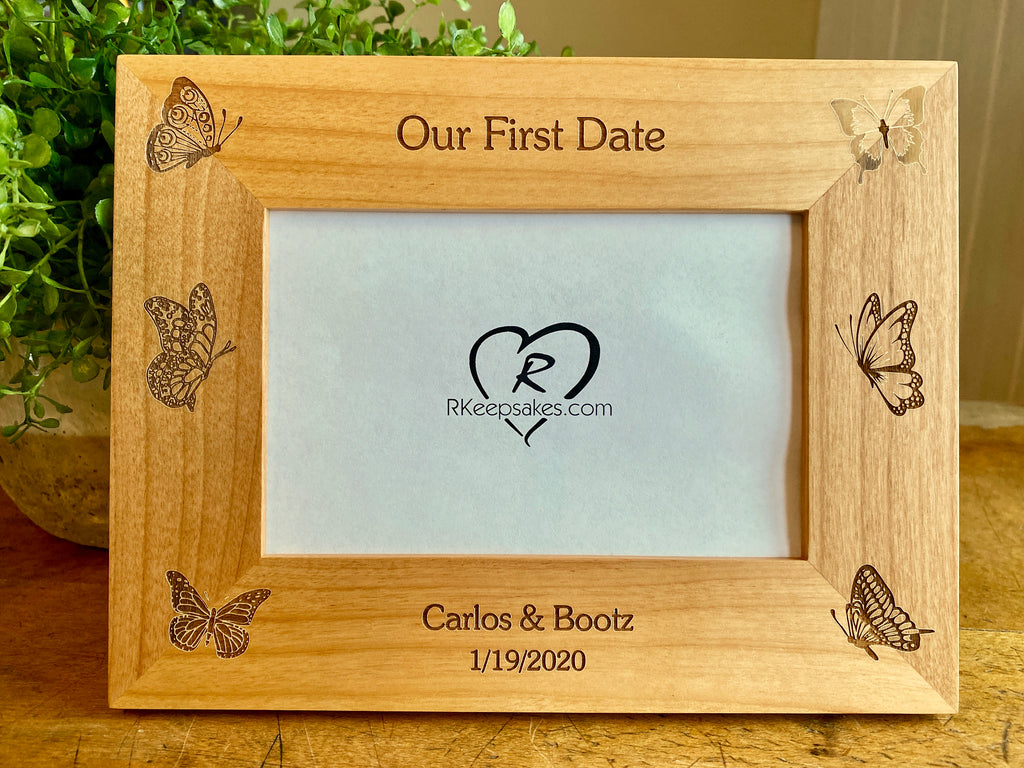 Custom Butterfly picture frame with custom text and butterfly images engraved, in alder