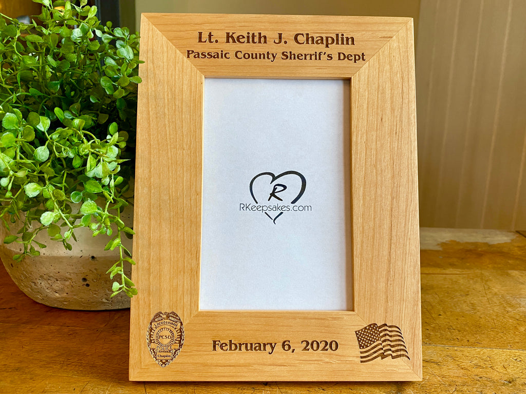 Personalized Police Badge Picture frame with custom text, Police badge and American flag images engraved