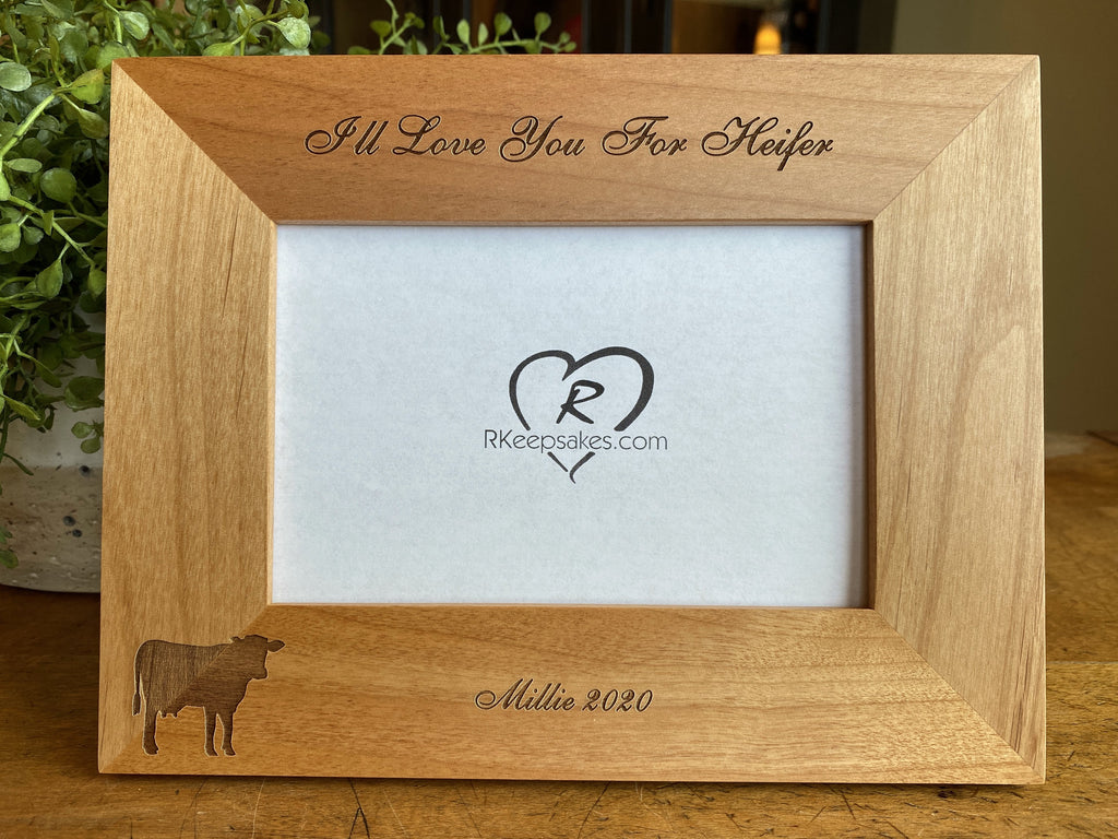 Cow Picture Frame with custom, personalized text and cow image engraved